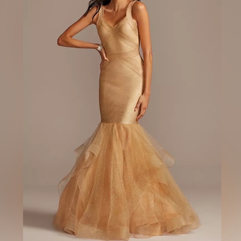Terani Couture Gold Metallic Bandage Mermaid Dress